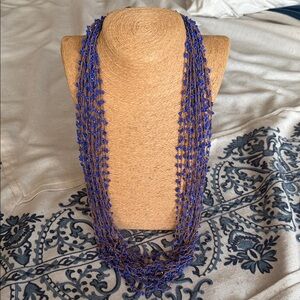 Blue purple and tan crocheted mosaic seed bead Necklace 21 strands adjustable